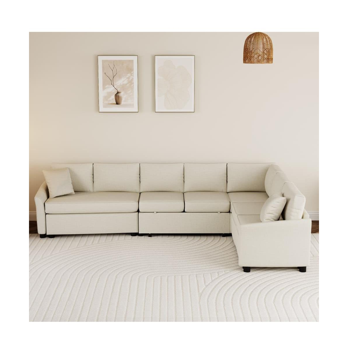 Maison Boucle 124.8'' L-Shaped Pull Out Sleeper Sofa Bed with Usb Ports & Power Outlets, Convertible Sectional Couch for Living Room