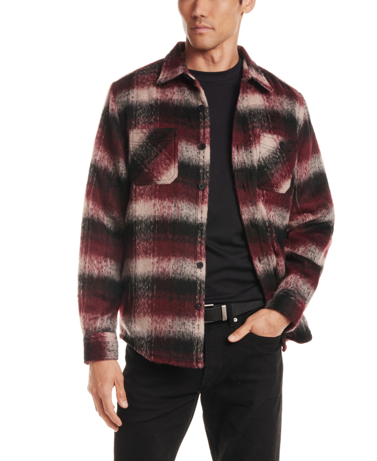 Vintage & Black Men's Brushed Plaid Pattern Long Sleeve Shirt Jacket