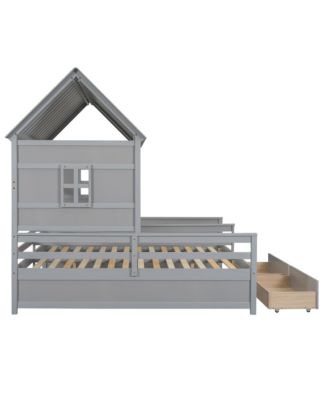 Twin Size House Platform Beds with Two Drawers for Boy and Girl Shared Beds, Combination of 2 Side by Side Twin Size Beds