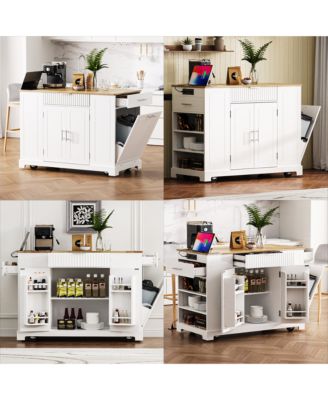 Fluted Kitchen Island with Trash Can Cabinet, Power Outlet, 3 Drawers, Open Racks, Fits 10 Gallon Bin, Wheels