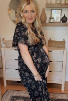 Maternity Black Floral Waist Tie Midi Dress