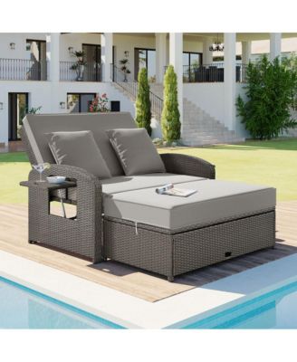 Double Reclining Rattan Chaise Lounge - Gray