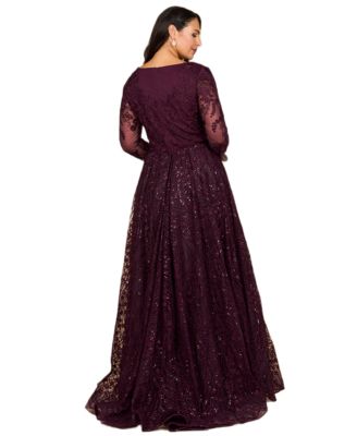 Women's Long Sleeve Gown with Overskirt & Illusion Neckline