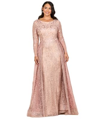 Women's Long Sleeve Gown with Overskirt & Illusion Neckline