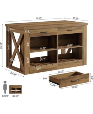 Kitchen Island with Storage and Seating, 55" Farmhouse Stationary Island Table