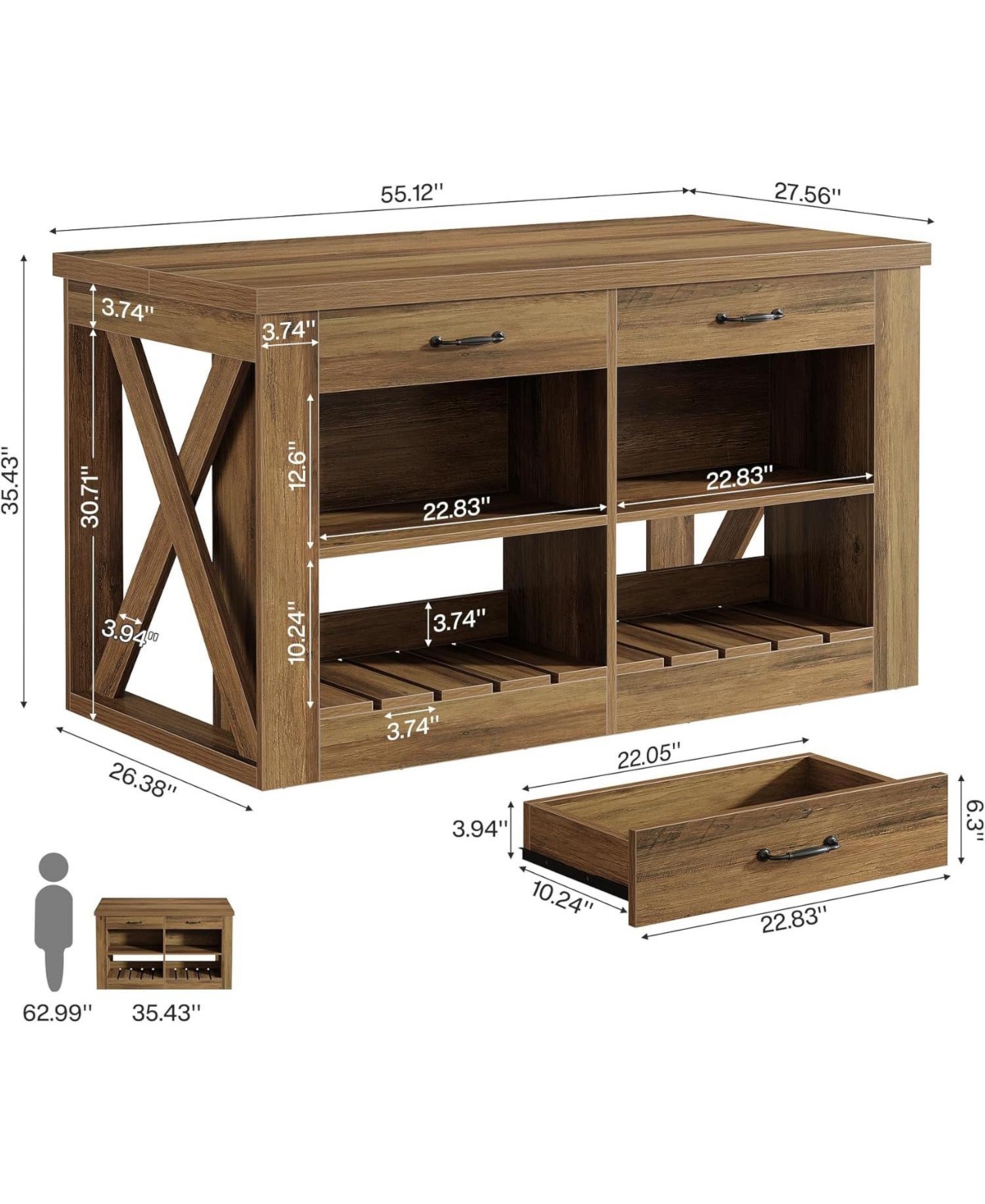 Tribesigns Kitchen Island with Storage and Seating, 55" Farmhouse Stationary Island Table