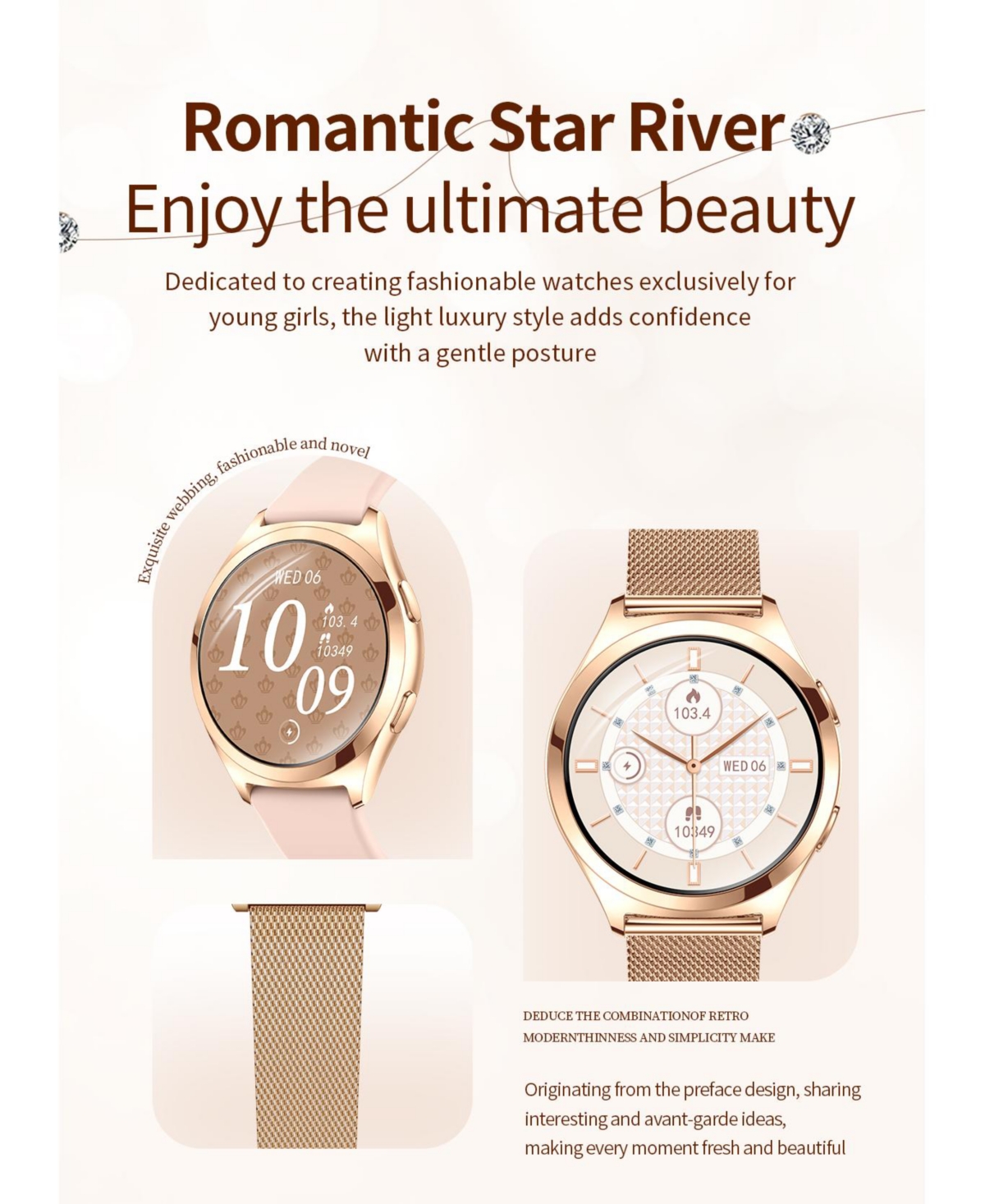 Ruxing Smart Smart watch 1.27 Hd large screen heart rate female physiological monitoring waterproof Bluetooth watch -Gold