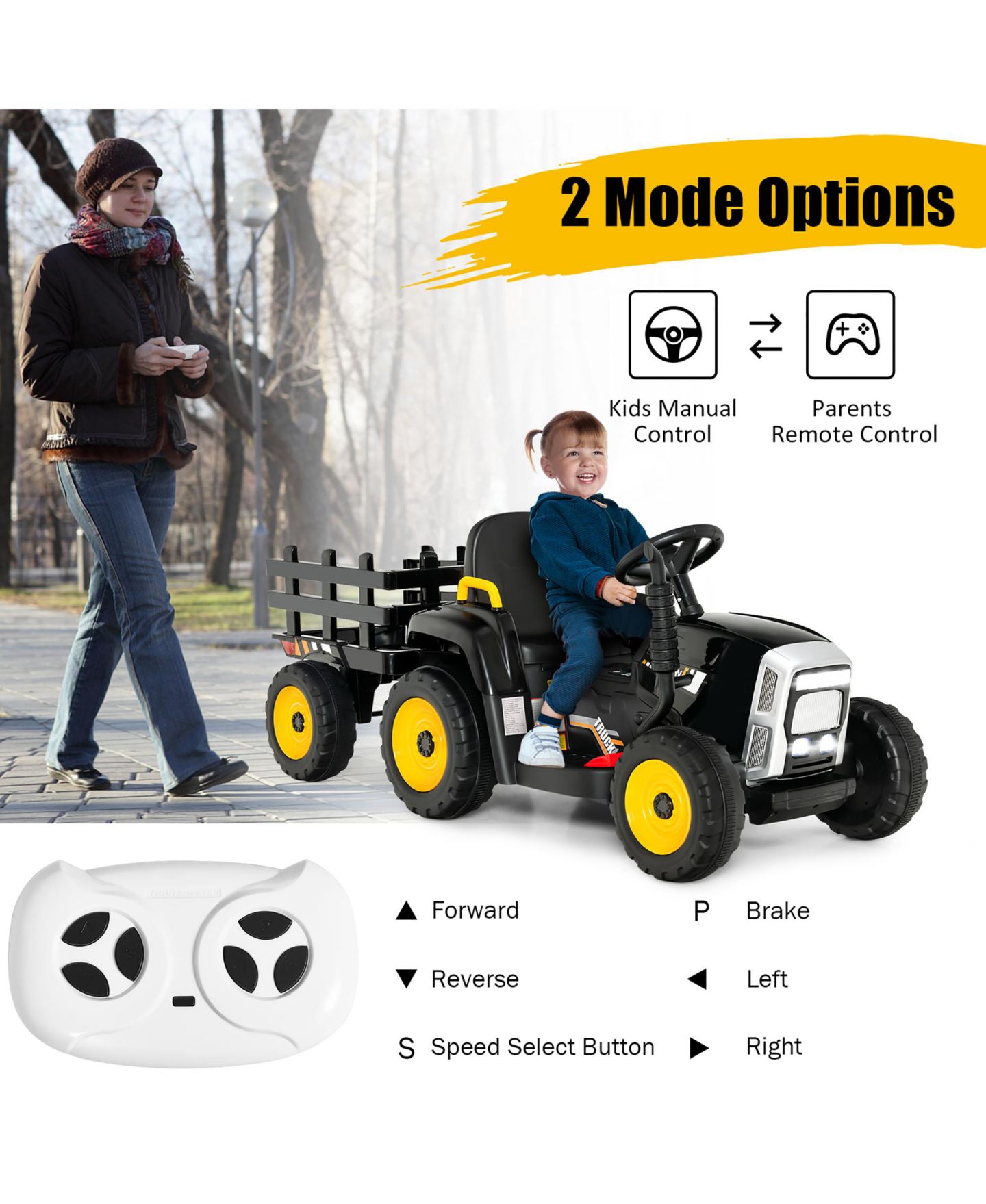 Детская игрушка Costway 12V Ride-On Tractor with Remote Control and Detachable Trailer, 66 lbs Capacity, Ages 3+, цвет: Чёрный — фото 9