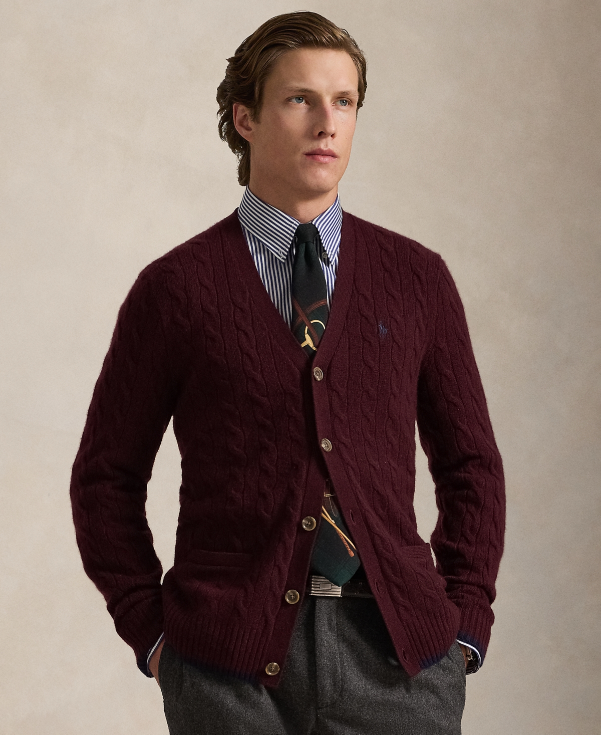 Polo Ralph Lauren Men's Cable-knit Wool-cashmere Cardigan In Burgundy