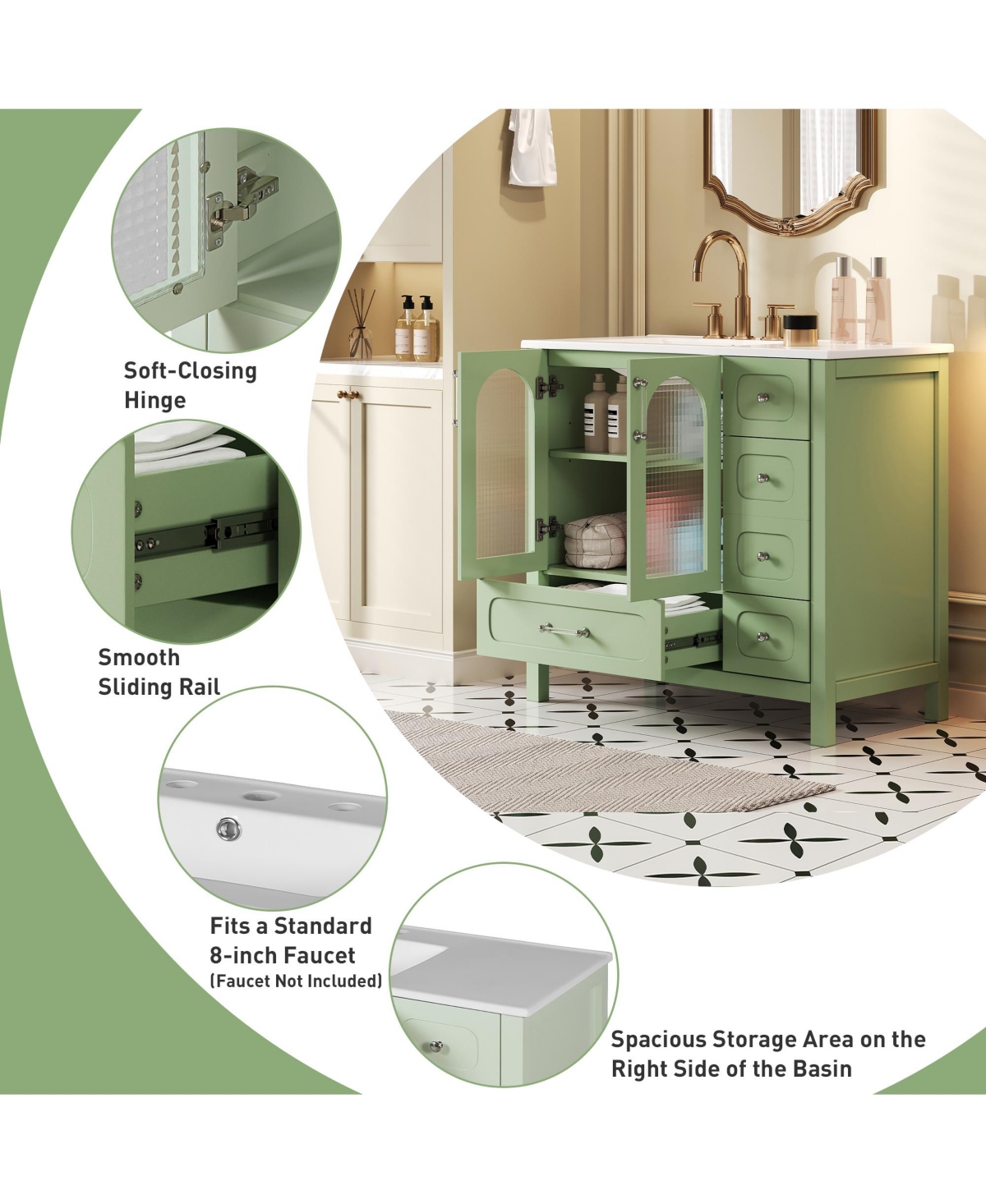 Casainc 36-Inch Bathroom Cabinet with Waffle Texture Doors, Four Drawers, Two Soft-Close Doors & Glass Storage