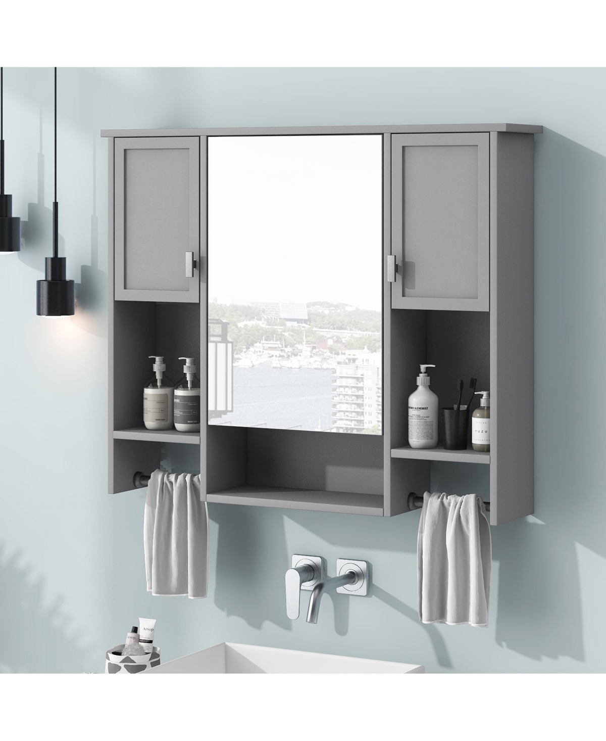 Casainc 35'' x 28'' Modern Wall Mounted Bathroom Storage Cabinet with Mirror & Towel Bar