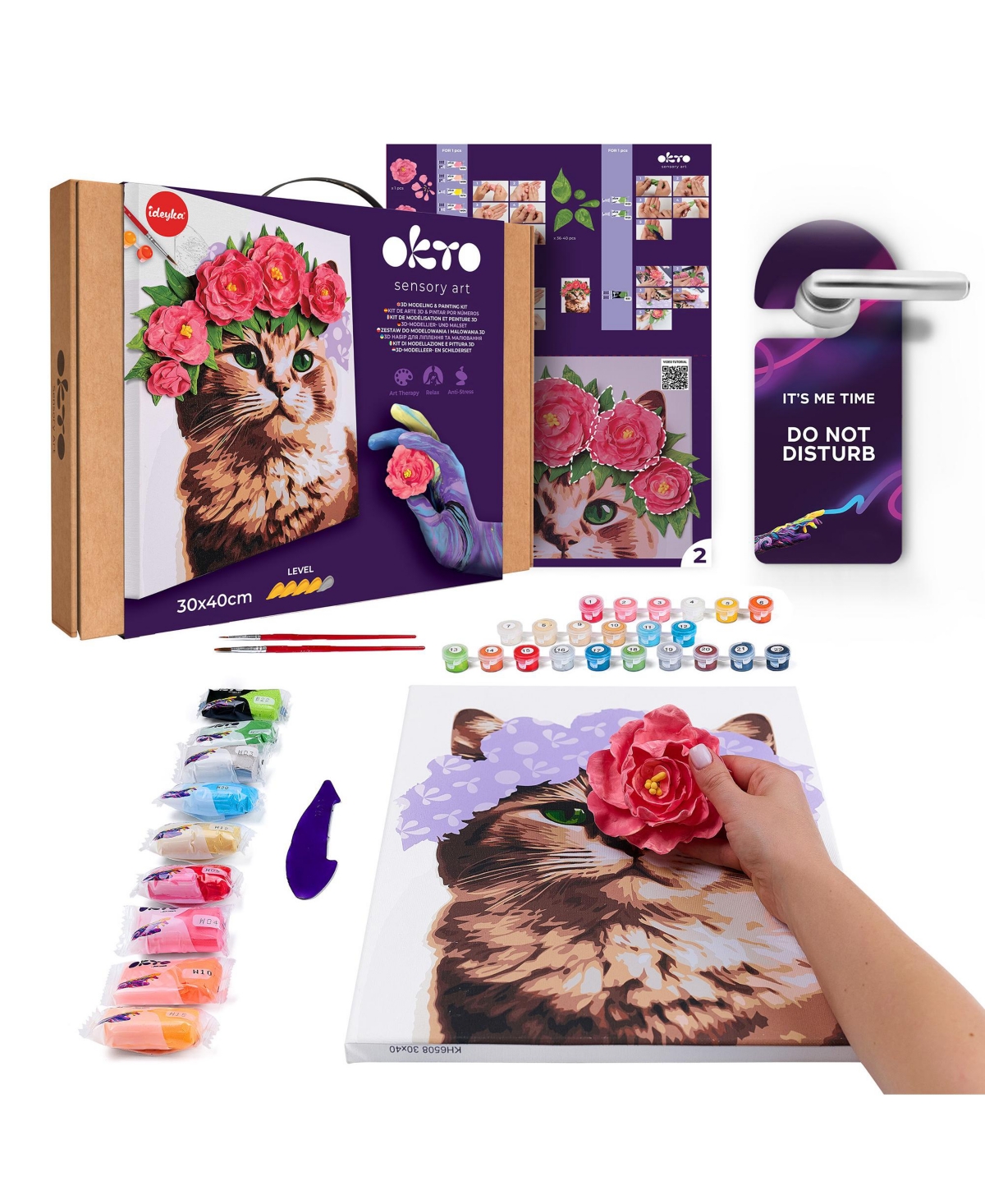 Wise Elk Okto Air-Dry Clay 3D Painting Kit – Kit a Cat in a Flower Crown (11.8 x 15.7 in)