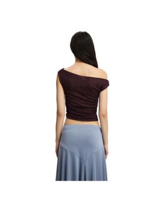 Women's Gathered Mesh Off Shoulder Top