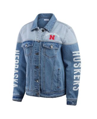 Women's Denim Nebraska Huskers Sleeve Hit Color Block Button-Down Denim Jacket