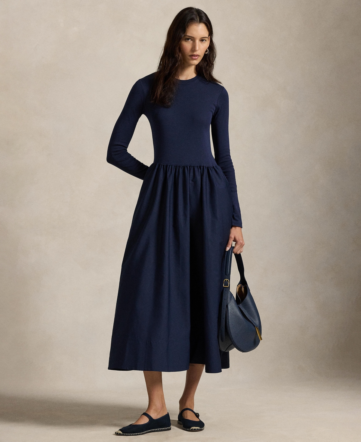 Polo Ralph Lauren Mixed Media Long Sleeve Cotton Dress In Blue