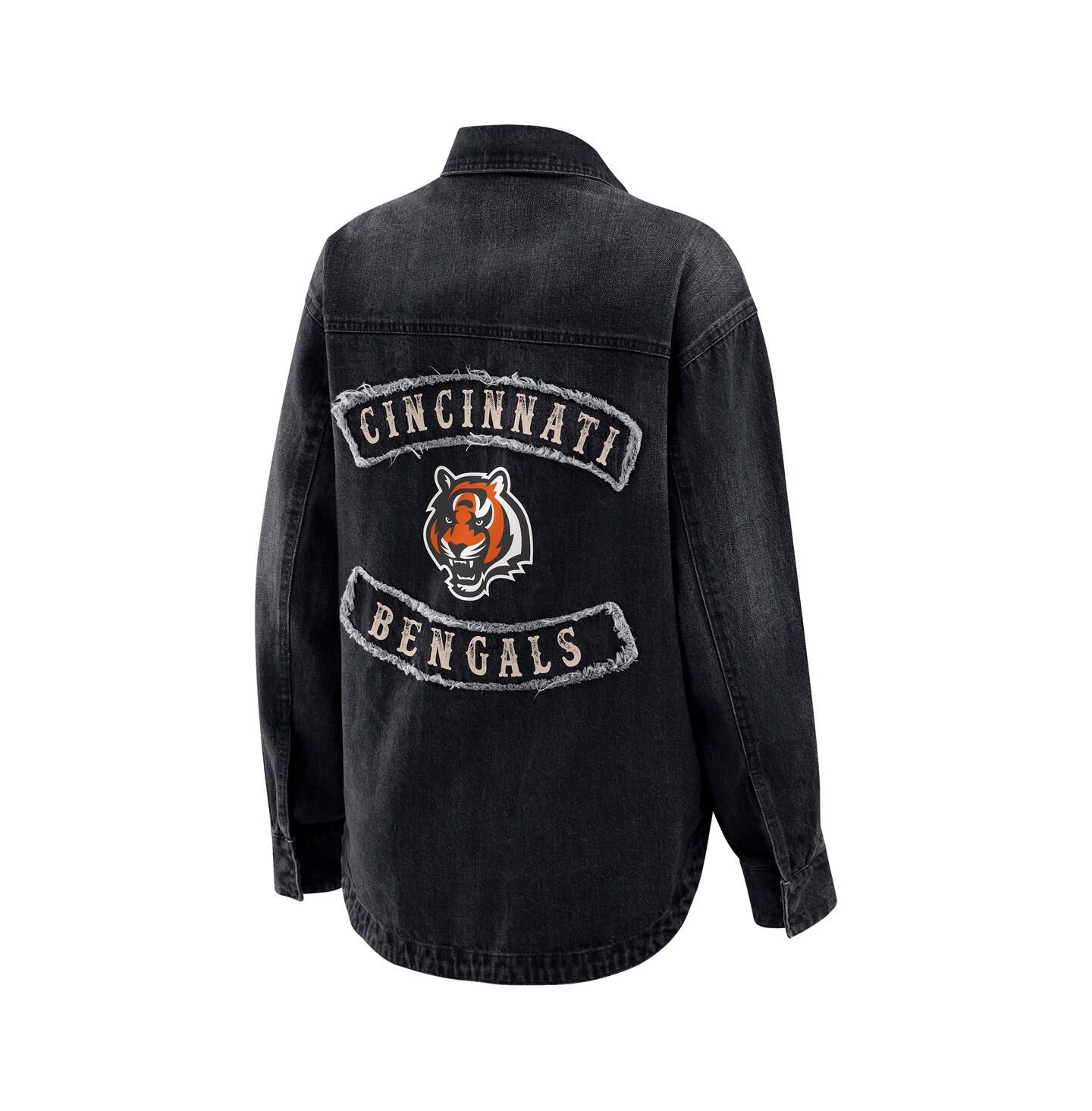 Женские куртки WEAR by Erin Andrews Black Cincinnati Bengals Washed Oversized Denim Full-Snap Shacket — фото 3
