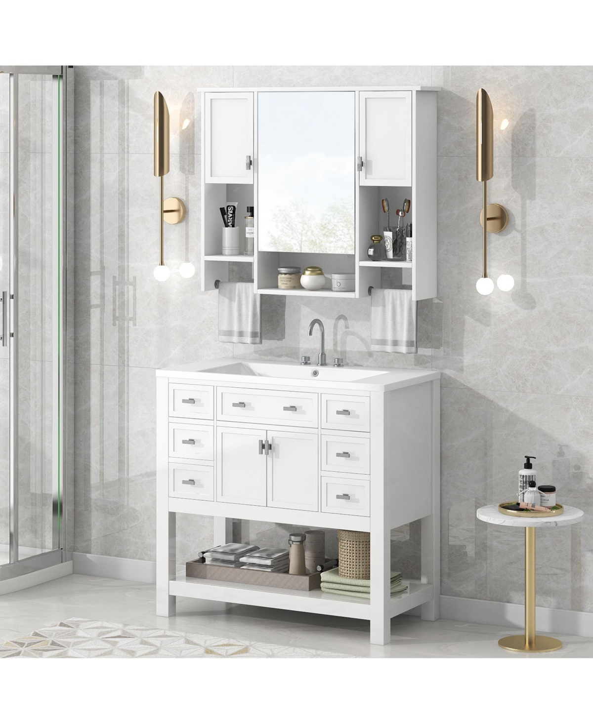 Casainc 36'' Bathroom Vanity with Top Sink, Mirror Cabinet with Towel Bar, 2 Doors & 6 Drawers