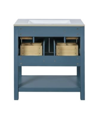 30-Inch Bathroom Vanity with Ceramic Sink Combo, Freestanding Single Vanity, 5 Drawers & Solid Wood Storage