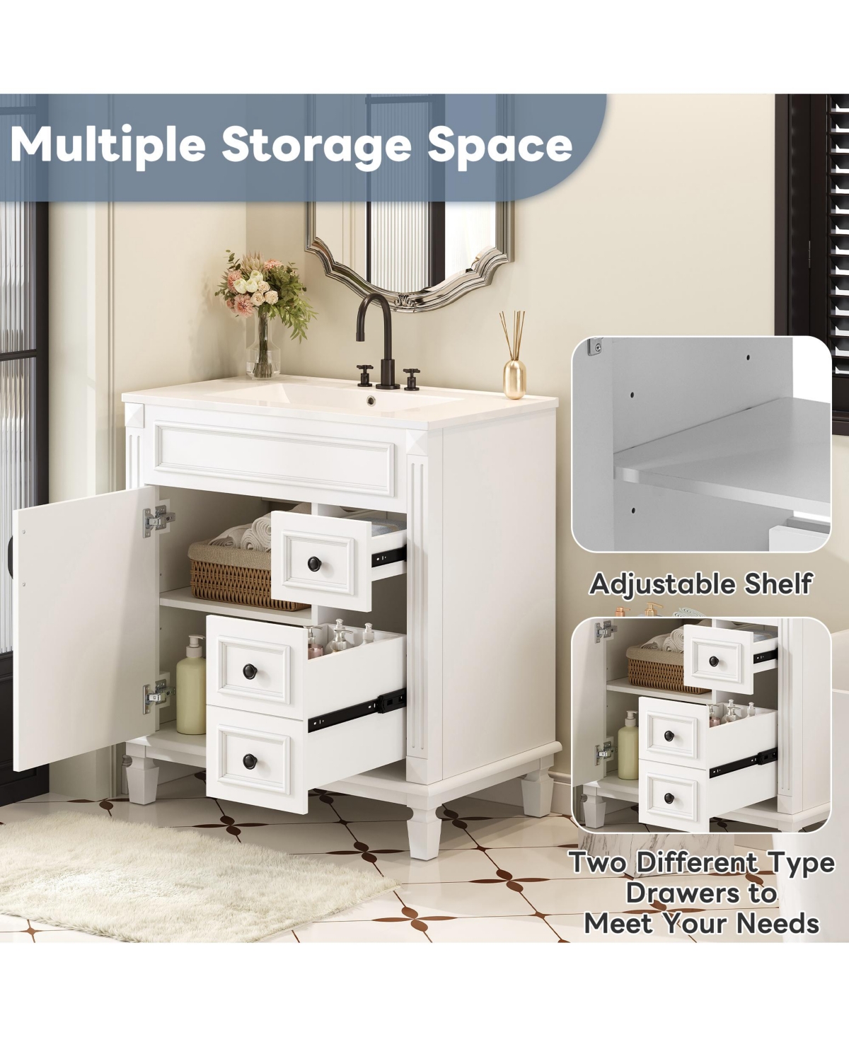 Casainc 30-Inch Bathroom Vanity with Ceramic Sink, Small Cabinet, 2 Drawers & Adjustable Storage Shelf