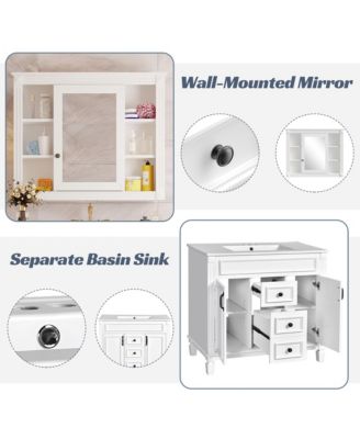 36'' Bathroom Vanity with Top Sink, Mirror Cabinet, 2 Soft Closing Doors & 2 Drawers