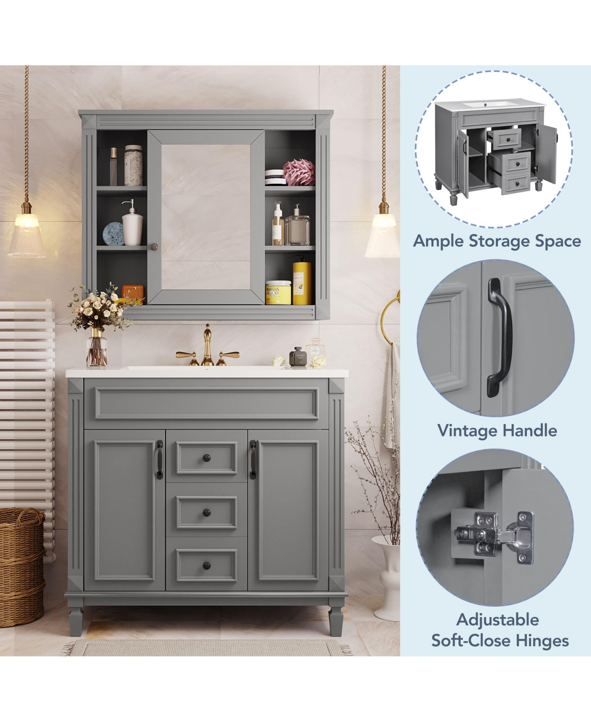 Casainc 36'' Bathroom Vanity with Top Sink, Mirror Cabinet, 2 Soft Closing Doors & Drawers