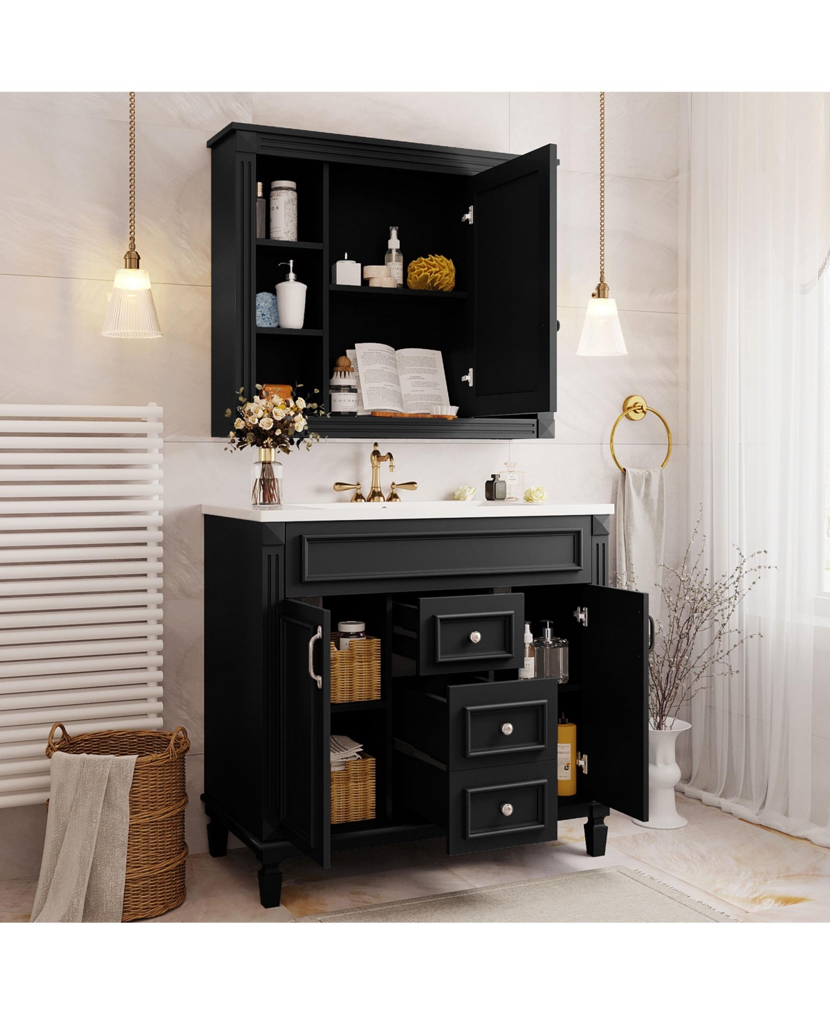 Casainc 36'' Bathroom Vanity with Top Sink, Mirror Cabinet, 2 Soft Closing Doors & Drawers