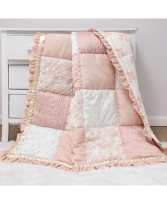 3 Piece Baby Crib Bedding Set for Girls - Cotton Fitted Crib Sheet, Layered Dust Ruffle, Comforter, Pink, Gold, Floral - Grace