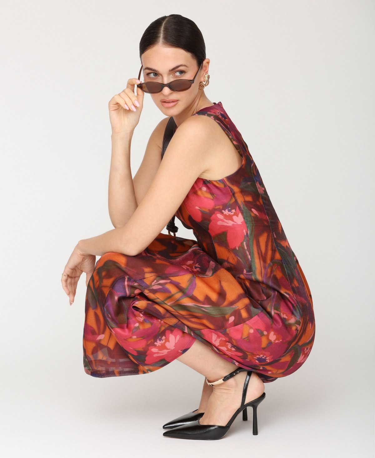 Avec Les Filles Print Sleeveless Lantern Midi Dress In Multi