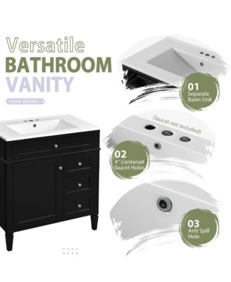 30'' Bathroom Vanity with Top Sink, Mirror Cabinet, 2 Drawers & Tip-out Drawer
