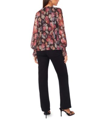 Women's Long Sleeve V-Neck Shirred Cuffs Top