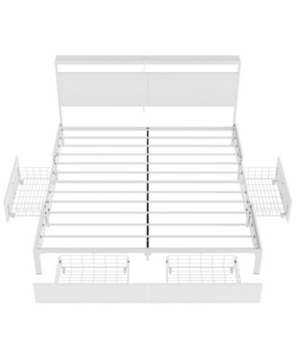 King Size Bed Frame with LED Storage Headboard & 4 Drawers & Charging Station White