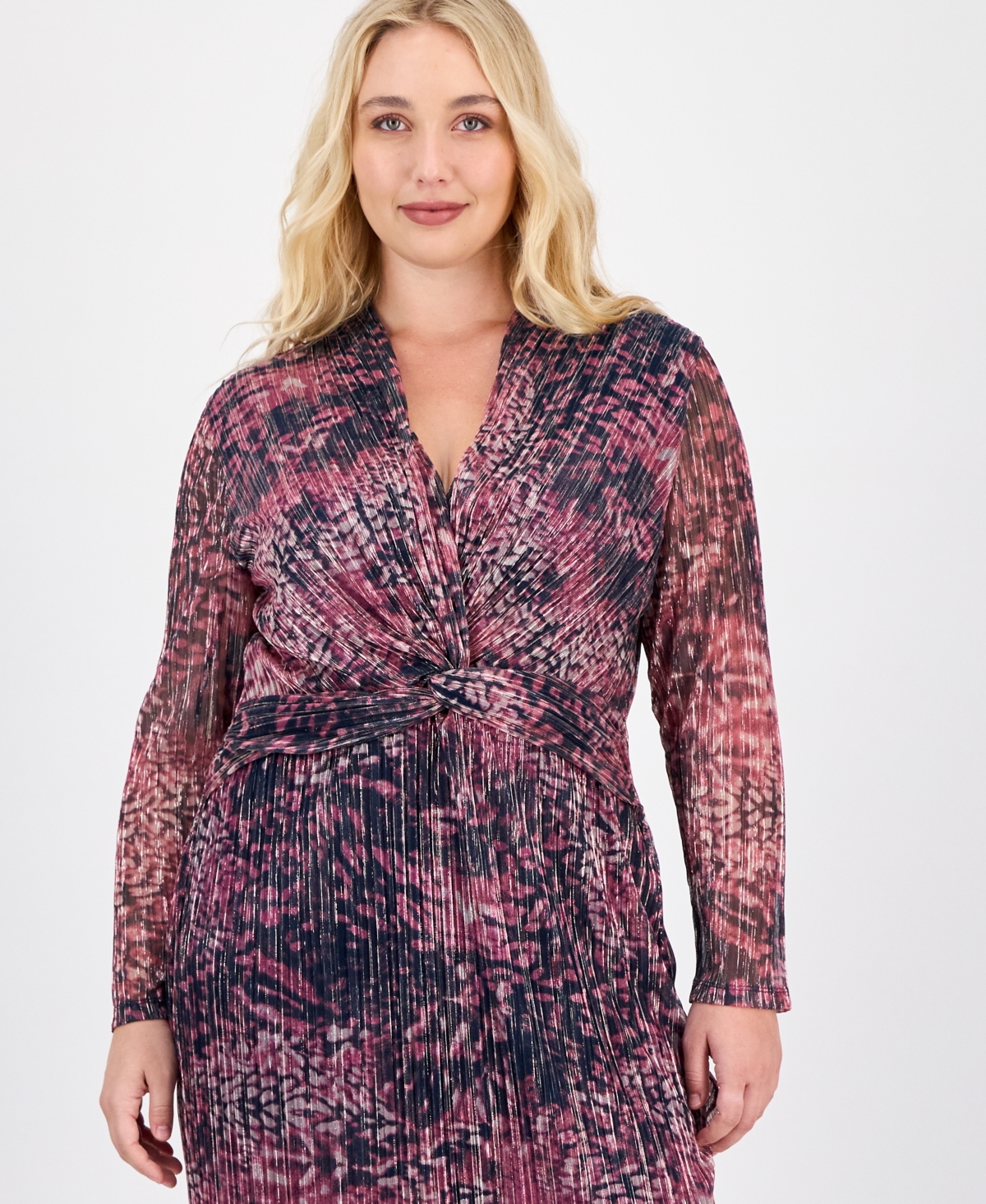 Anne Klein Plus Size V-neck Twist-front Midi Dress In Multi
