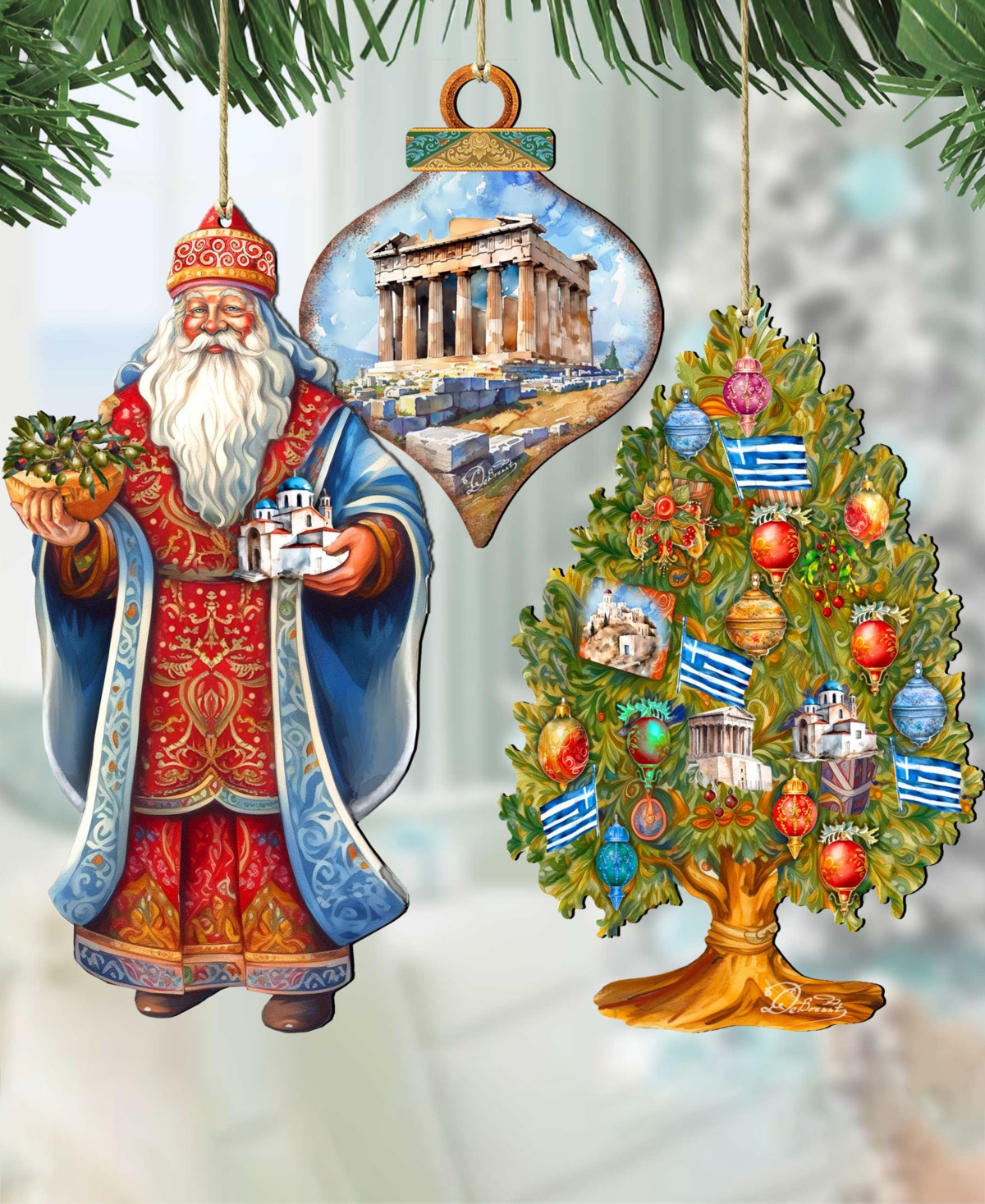 Designocracy Greece Inspired Santa Ornaments, Set Of 3 In Multi