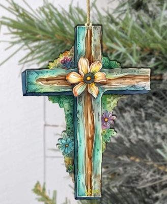Holiday Teal Cross Wooden Ornament