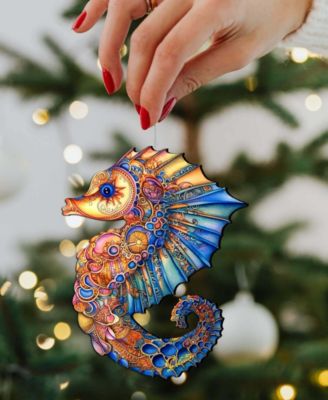 Mosaic Seahorse Christmas Wood Ornament