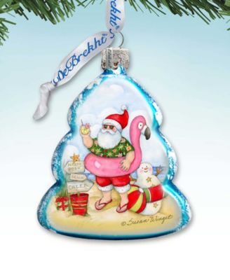 Santa with Flamingo Toy Glass Ornament
