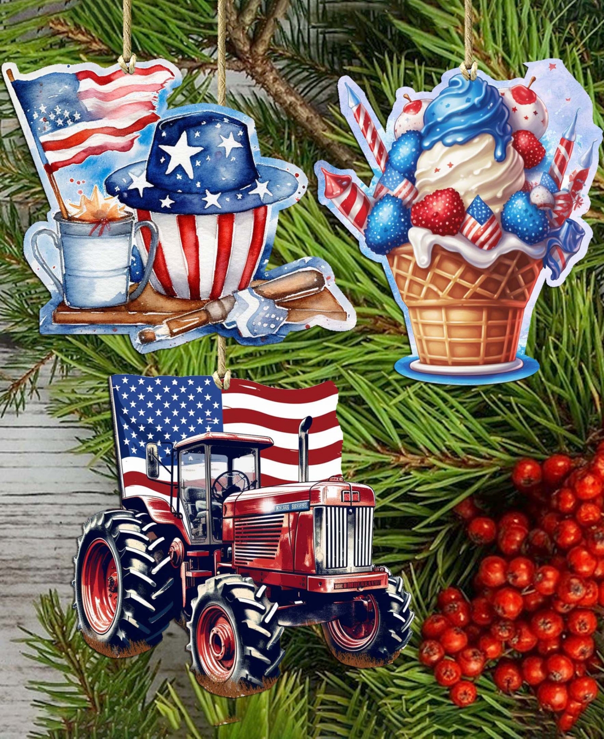 Designocracy American Farmhouse Wooden Ornaments, Set Of 3 In Multi