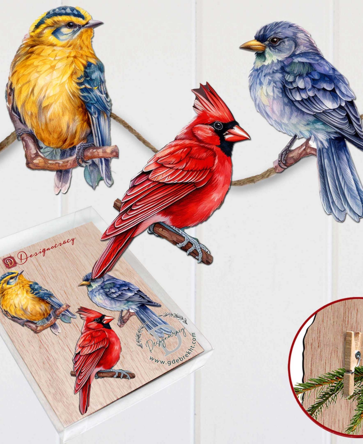Designocracy Winter Birds Wood Clip-on Ornaments, Set 3 In Multi