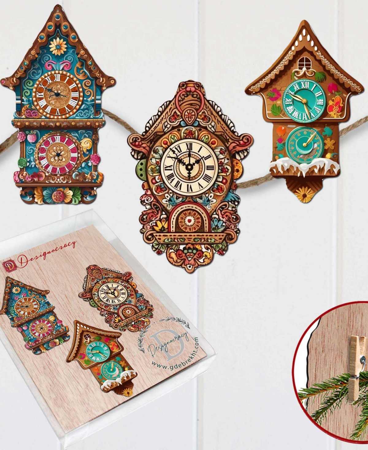 Designocracy Miniature Clock Wood Clip Ornaments, Set Of 3 In Multi