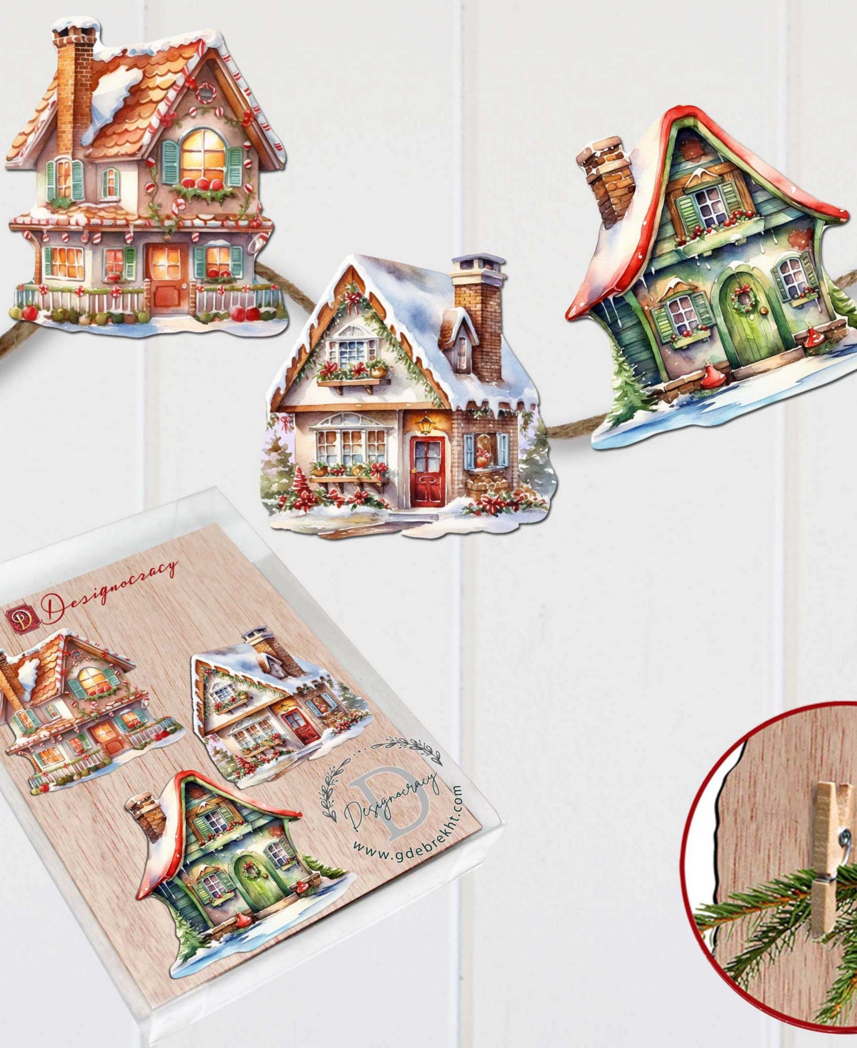Designocracy Dream Houses Wood Clip Ornaments, Set Of 3 In Multi