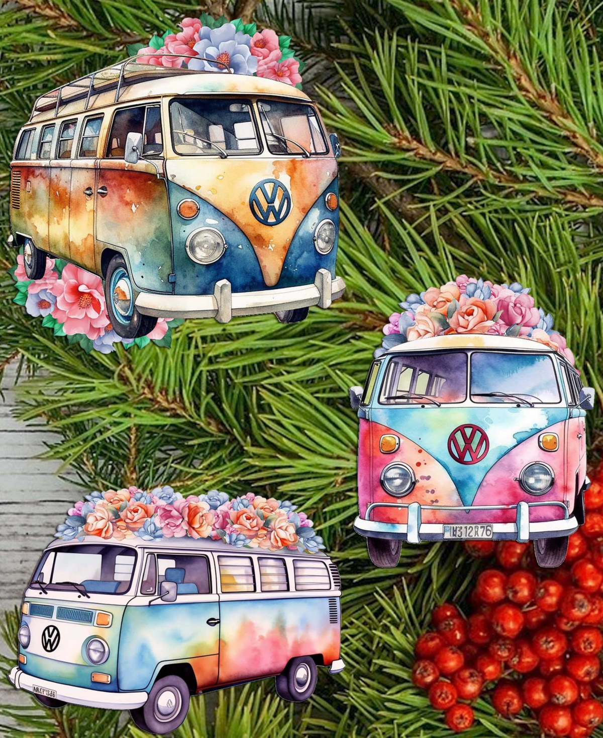 Designocracy Volkswagen Vans Wood Clip Ornaments, Set Of 3 In Multi
