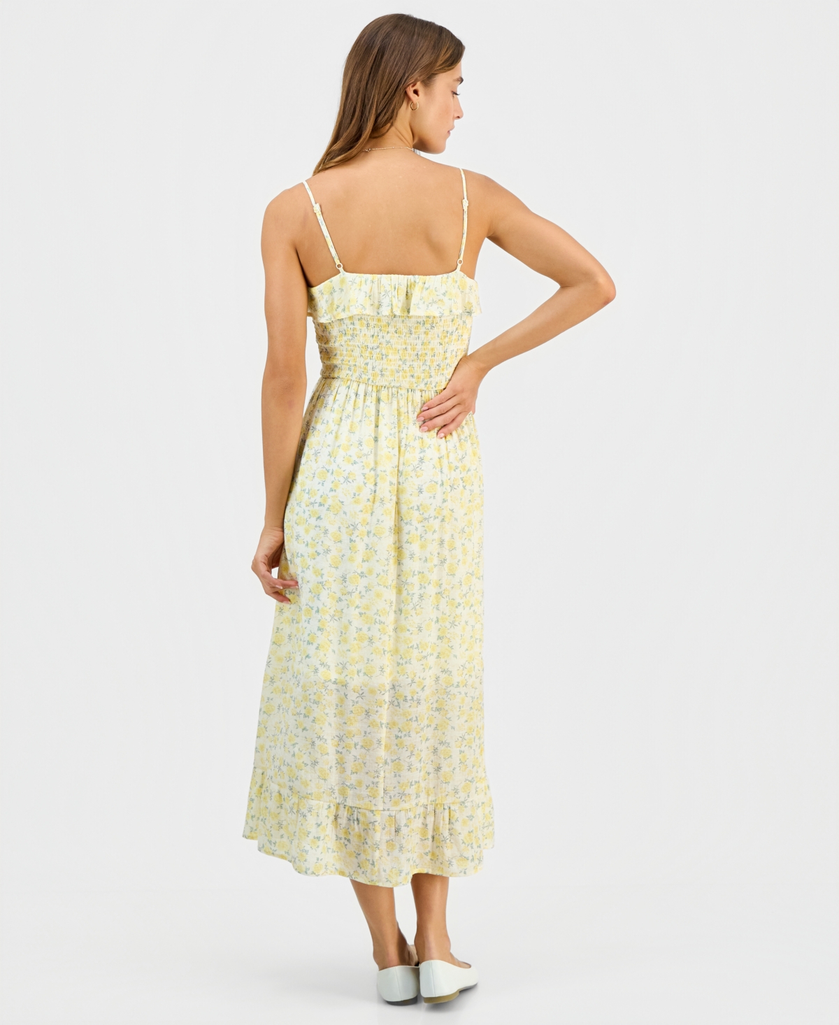 Sincerely Jules Juniors' Smocked Ruffled Floral Midi Dress In Multi