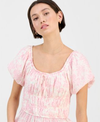 Juniors' Floral Print Short Sleeve Woven Top