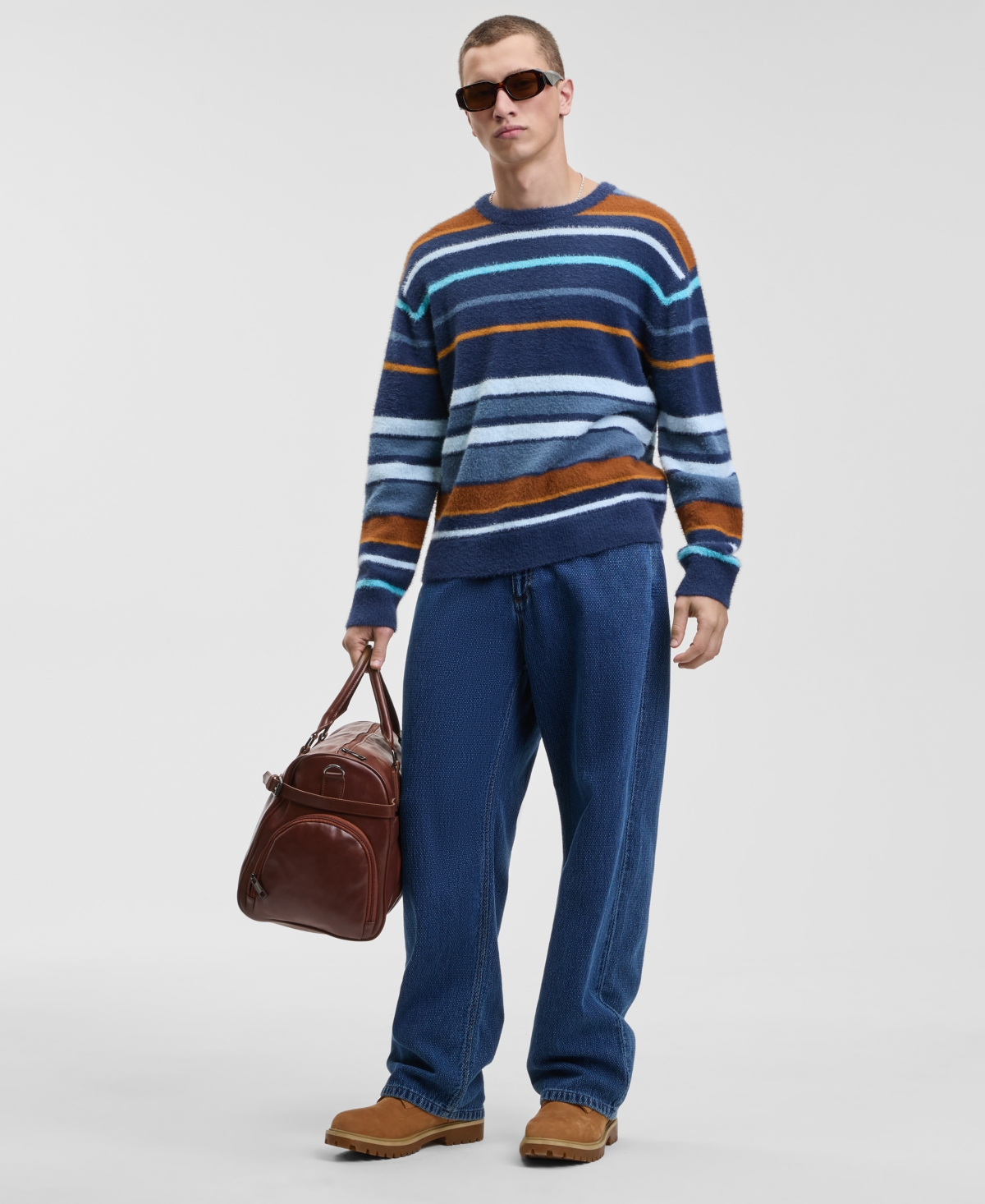Mode Of One Men's Relaxed Fit Long Sleeve Fuzzy Striped Crewneck Sweater, Macy's Exclusive In Blue