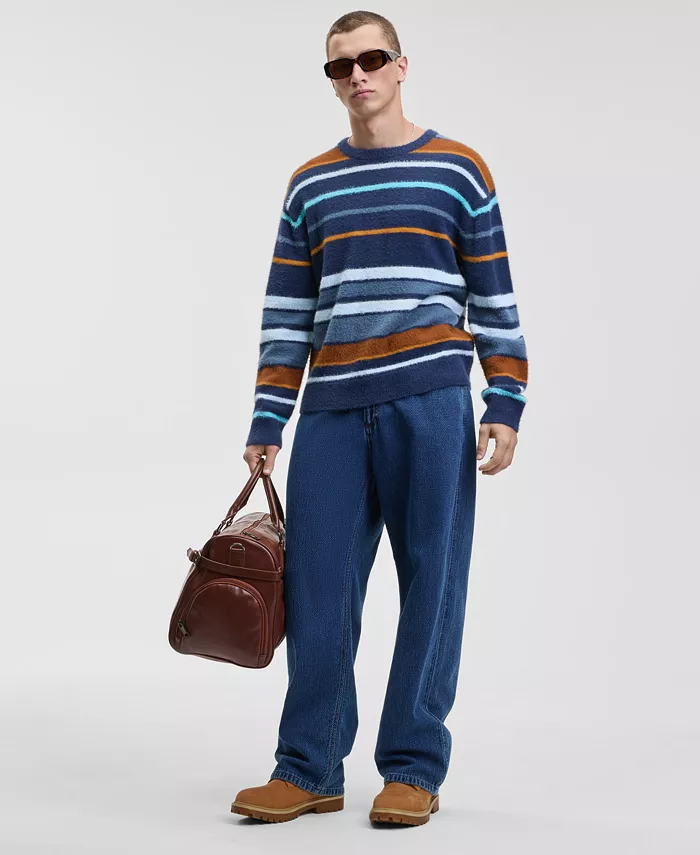 Men's Relaxed Fit Long Sleeve Fuzzy Striped Crewneck Sweater - thumbnail 5