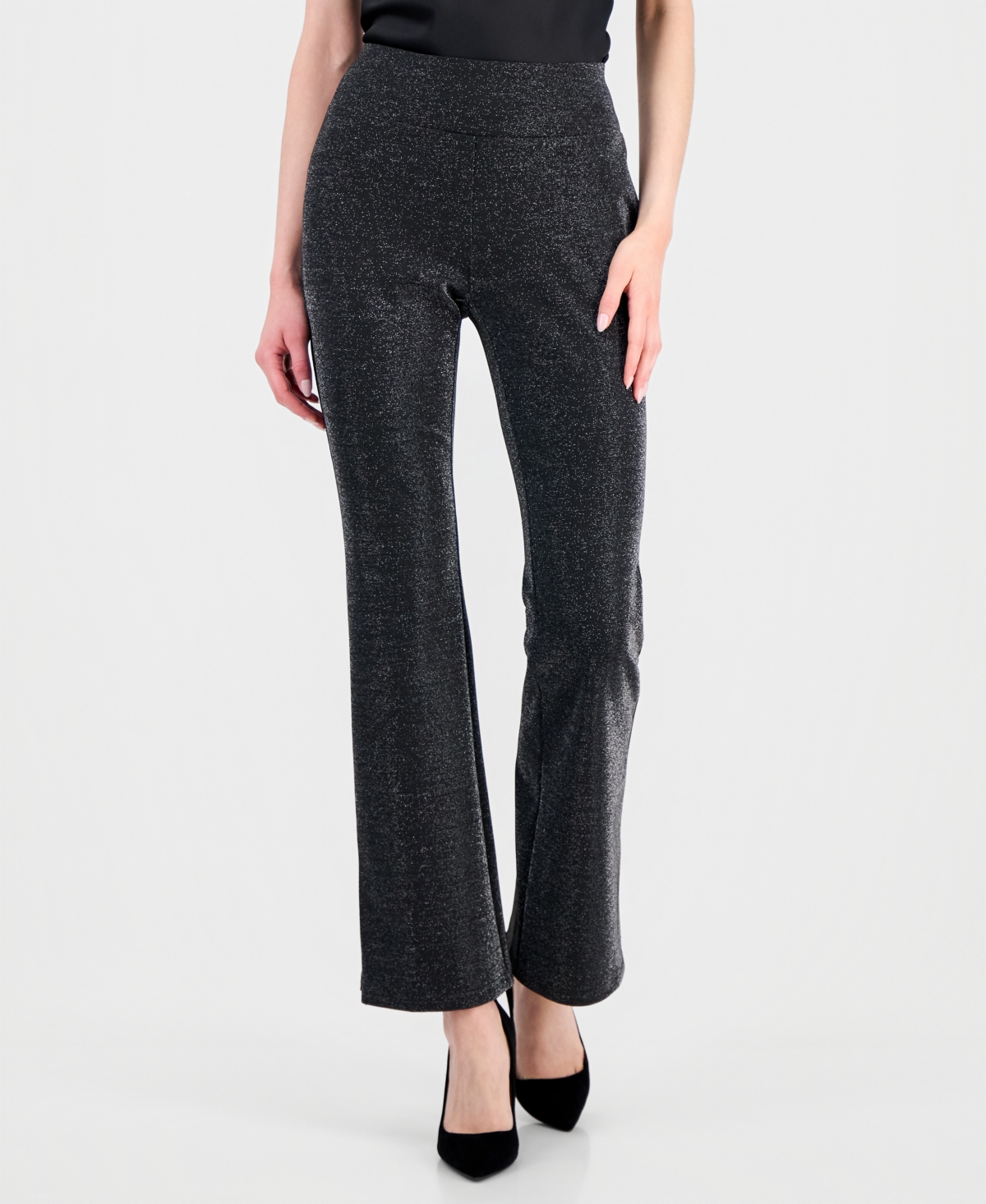 T Tahari Women's Pull-On High-Rise Flare-Leg Metallic Pants