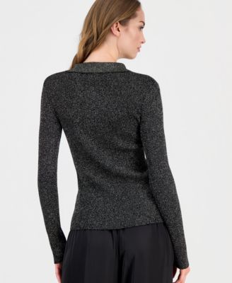 Women's Collared Ribbed Metallic Top