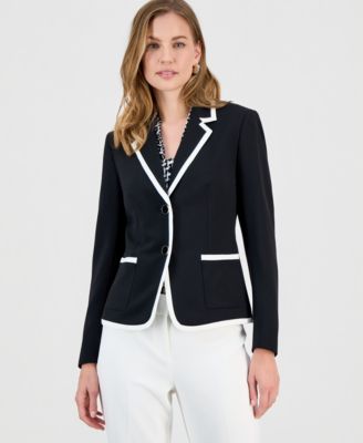 Kasper Womens Stretch Crepe Two Button Jacket Printed Knot Neck Sleeveless Top Button Tab Wide Leg Pants In White