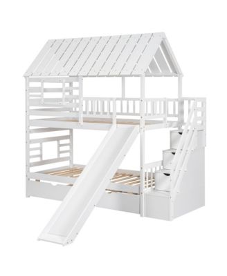Twin over Twin House Bunk Bed with Trundle and Slide, Storage Staircase, Roof and Window Design