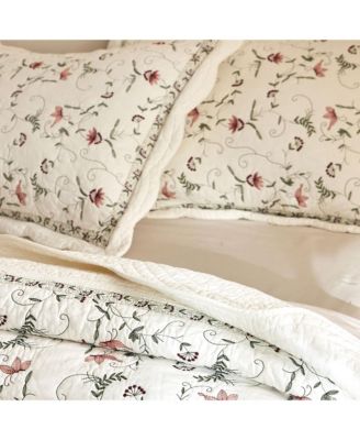 3Pcs 100% Cotton Embroidery Delicate Floral Quilt Bedspread Set Queen